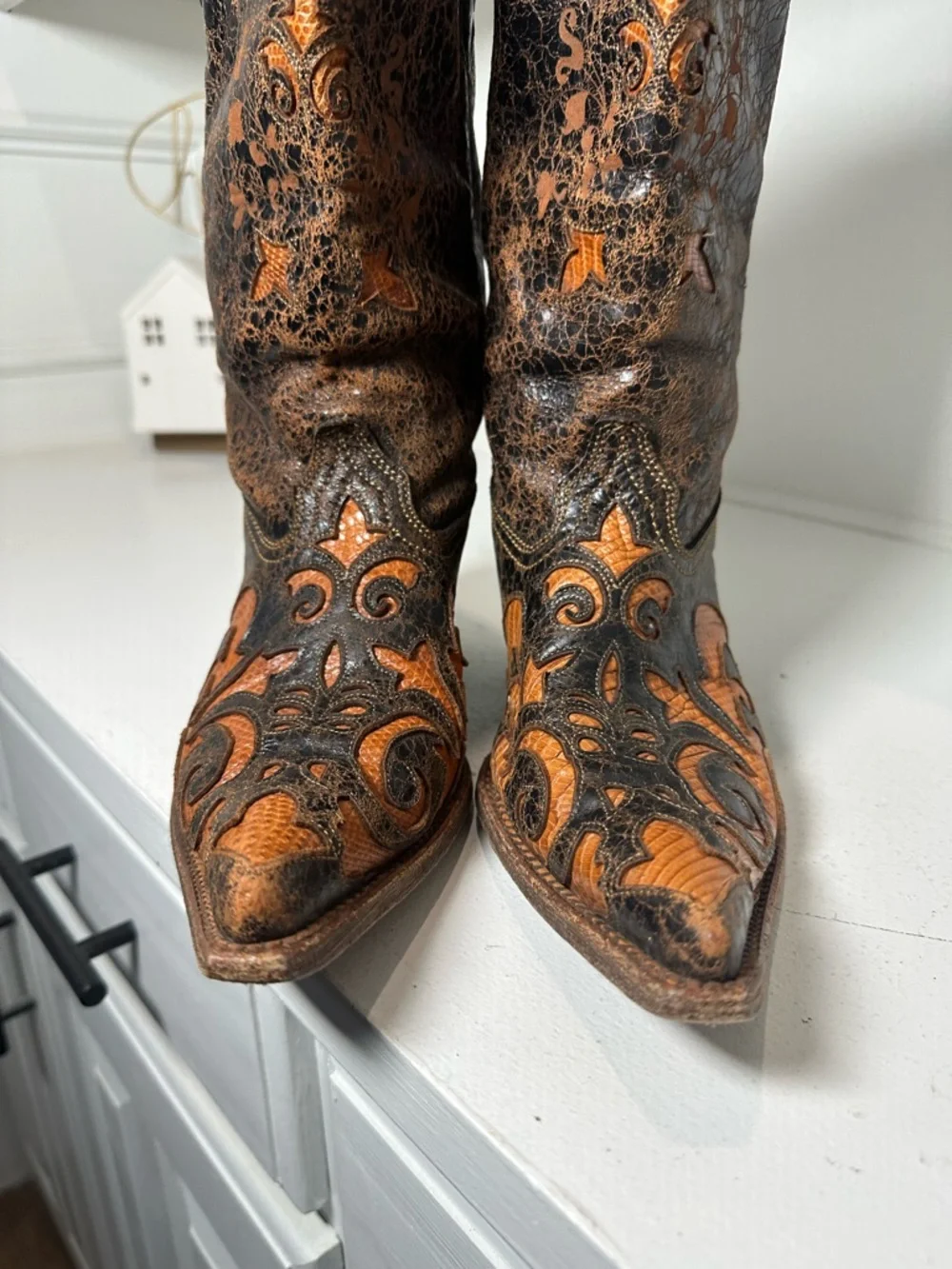Corral Boots Lizard Inlay Cowboy Womens 8.5M Distressed Brown Leather Western - Picture 4 of 9